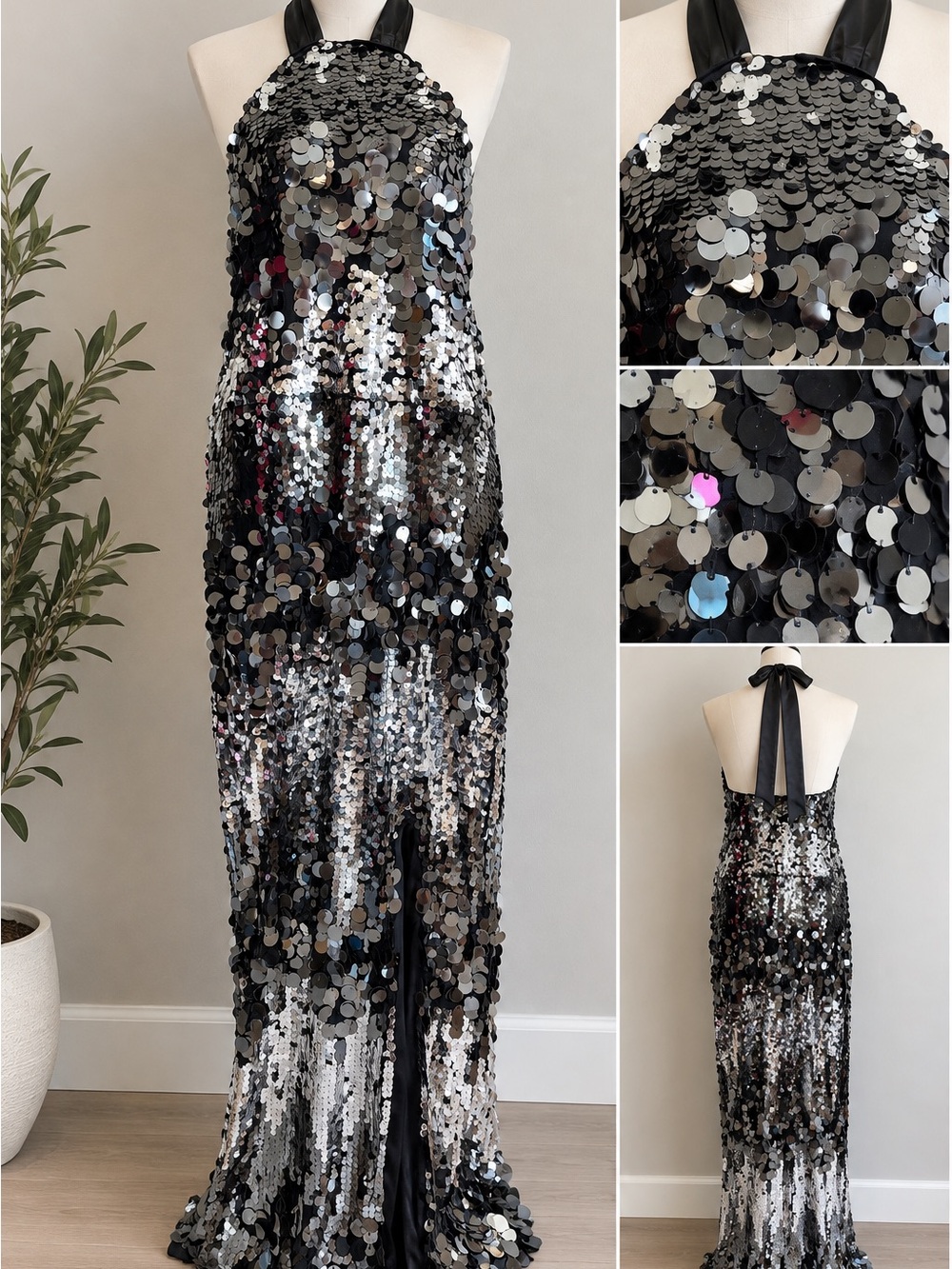 ELOQUII NWT Size 16 Sequin Paillette Halter Maxi Gown Black Silver